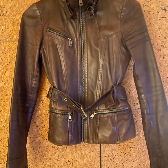 Andrew Marc Brown Leather Jacket with Detachable Fox Fur Collar, Women’s XS - Picture 2 of 11